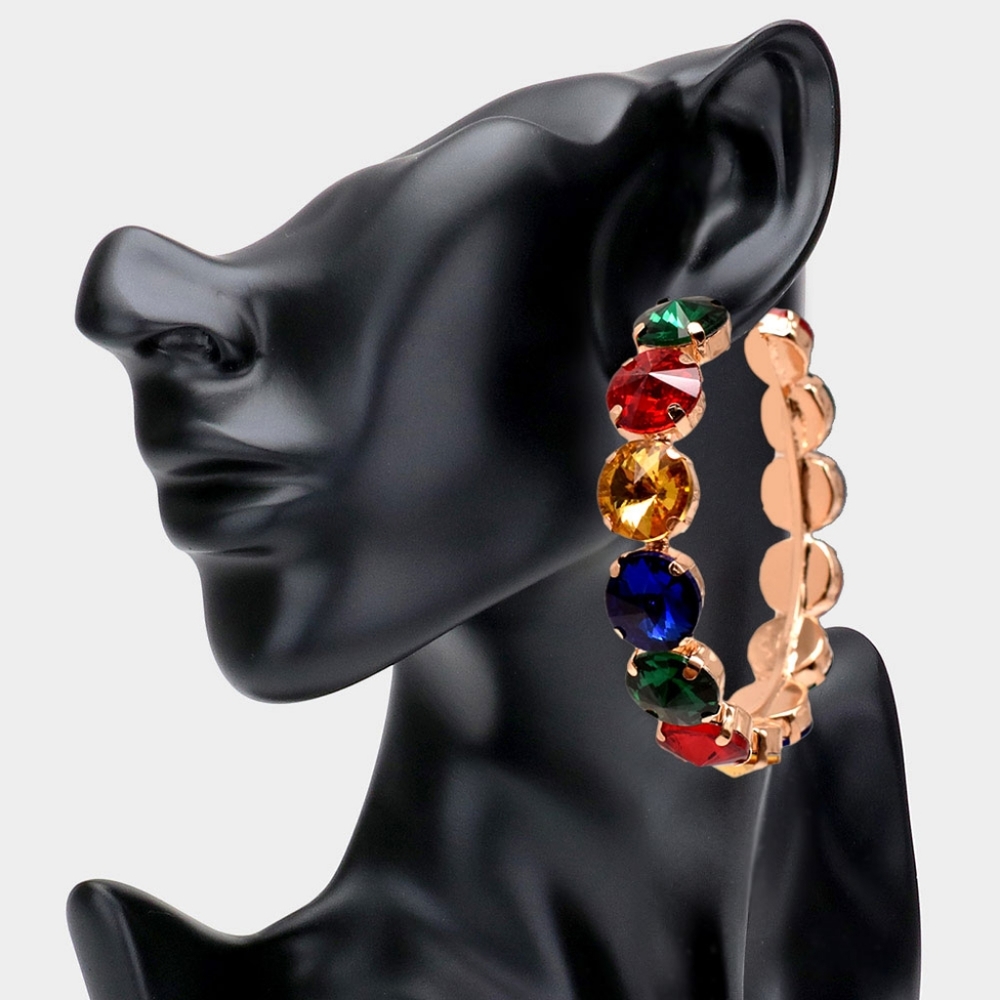 Colorful Crystal Hoop Earrings Bold 3" Cluster Trend Fashion Statement Accessory